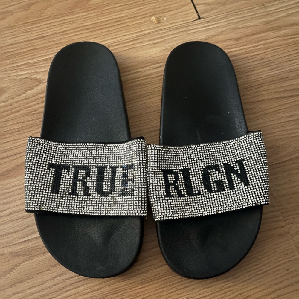 True Religion Black Slides with Sparkling Accents